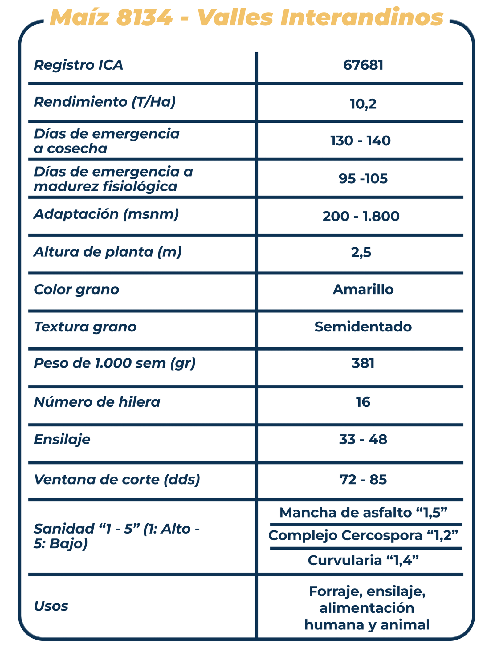 Ficha técnica Maíz 8134 - Valles interandinos