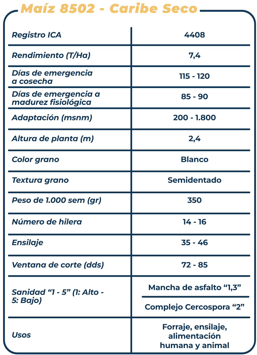 Ficha técnica Maíz 8502 - Caribe seco